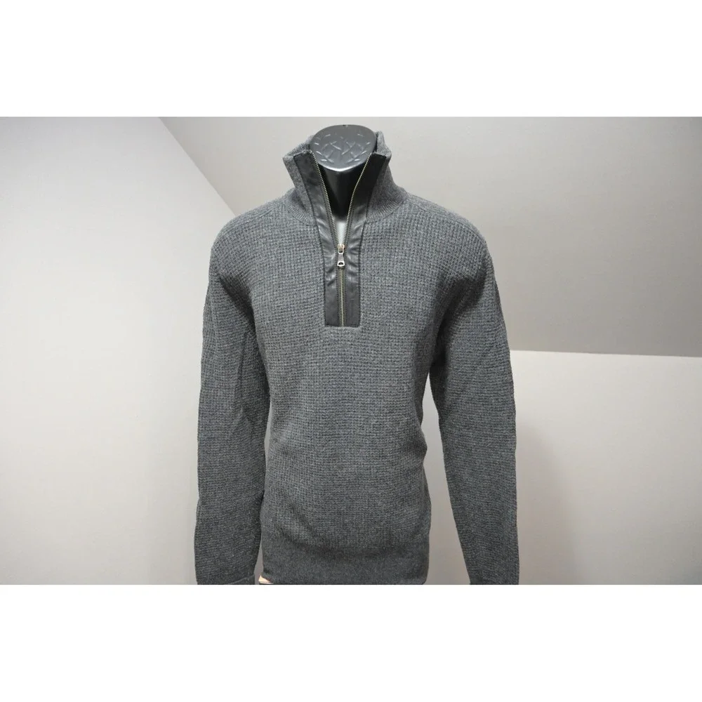 Banana Republic Sweater Mens XL Gray Merino Wool Leather Trim Quarter Zip EUC